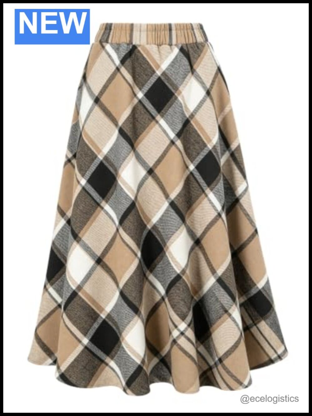 Wool Blend Plaid A-Line Pleated Midi Skirt High Waisted with Pockets